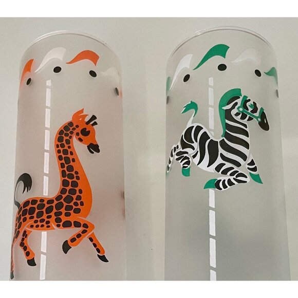 Libby CAROUSEL Glasses, (2) Merry-go-round Frosted Glasses with Giraffe,  Zebra - Picture 2 of 9